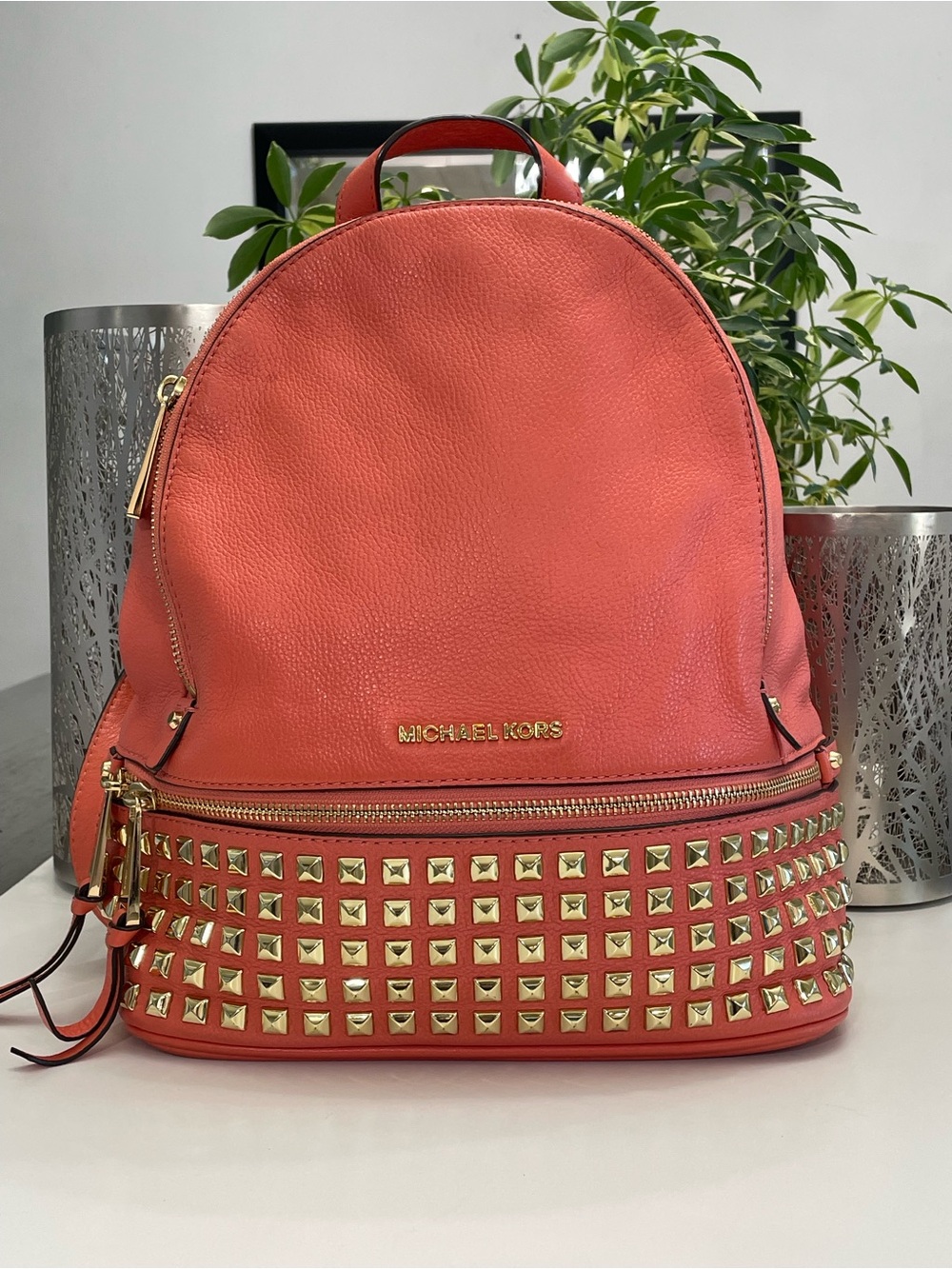 Michael Kors Coral Leather Backpack with Gold Studs